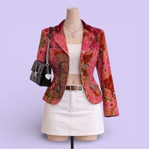 Coldwater Creek Pink Paisley Velvet Blazer Size M Vintage Y2K Lined 100% Cotton